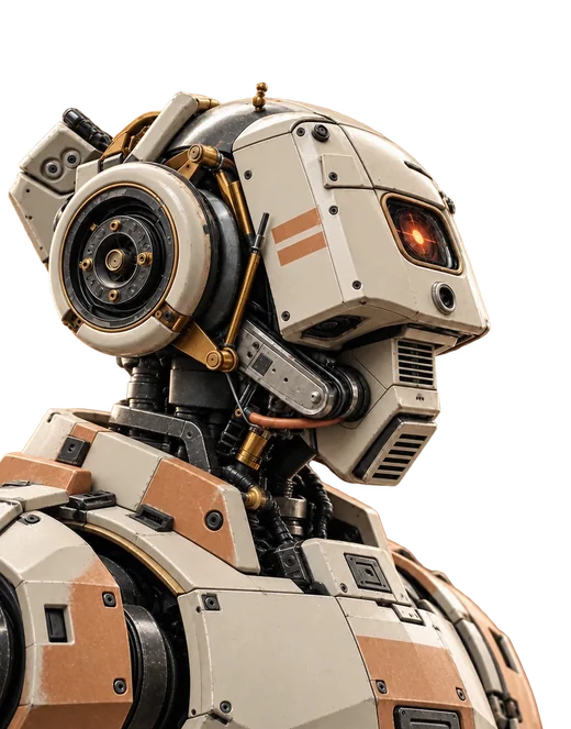 Buste de robot ivoire vu de profil, longue barre lumineuse ambre en guise d'œil, antenne orange, plaques d'épaule vert sauge.
