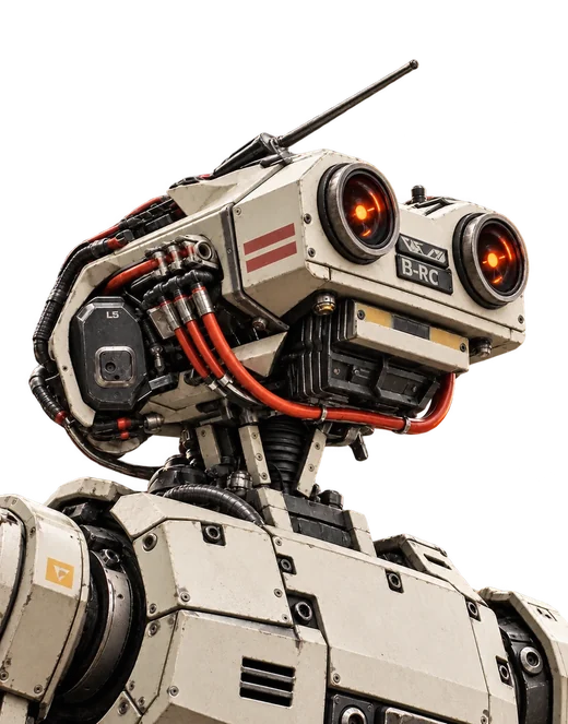 Buste de robot ivoire vu de profil, bandeau bordeaux sur la tête, double optique orangée, faisceau de câbles rouges à la nuque et antenne fine.