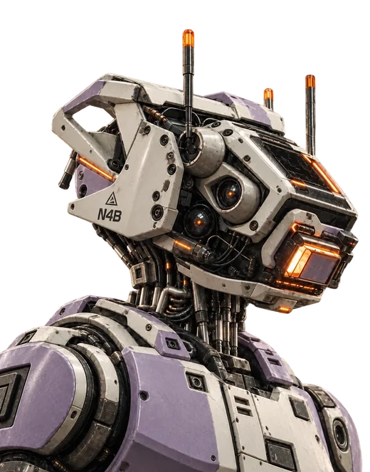 Buste de robot ivoire vu de profil, tête anguleuse à fente ambre et deux fines antennes, panneaux d'épaule prune.