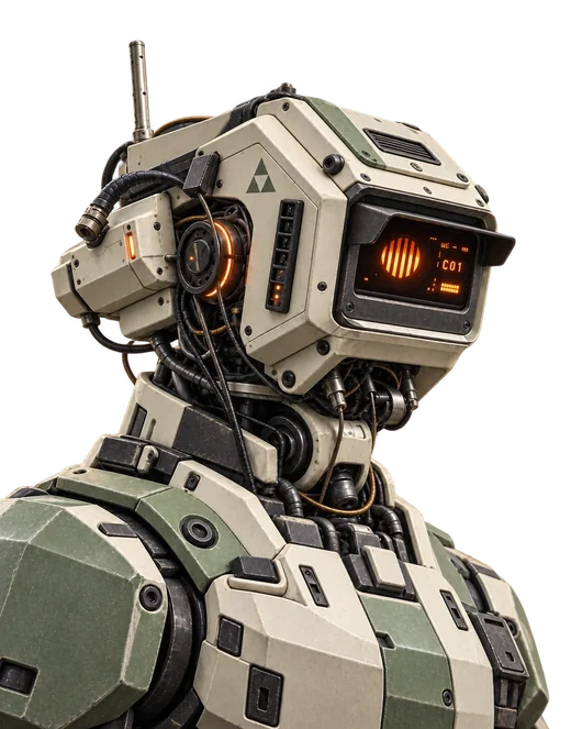 Buste de robot ivoire vu de profil, visière et afficheur ambre, plaques d'épaule vert sauge.