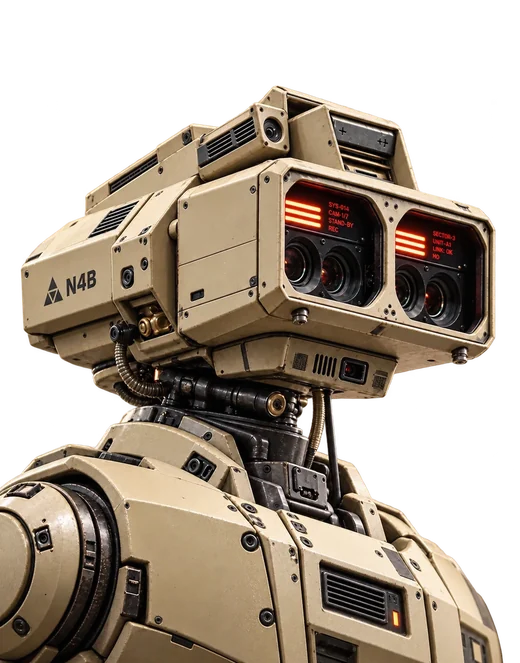 Buste de robot sable vu de profil, tête rectangulaire à deux bandeaux lumineux rouges et double objectif, marquage N4B.